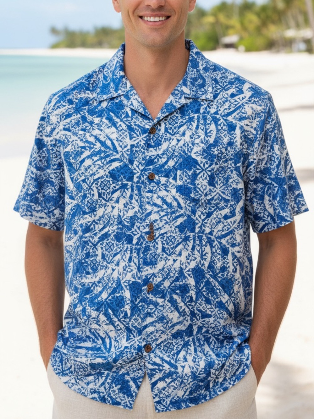 Island Republic Blue & White Short-Sleeve Button-Up Resort Shirt 100% Silk Sz L